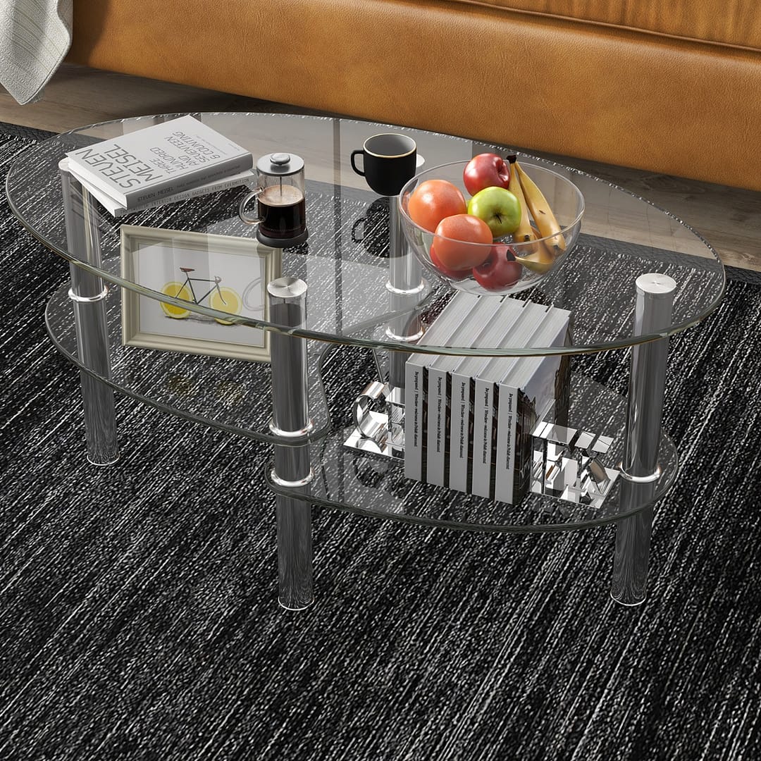 Costway Tavolino da caffè in vetro a 3 ripiani da salotto Tavolo da tè con design ovale per casa e ufficio  89x51x45cm Trasparente