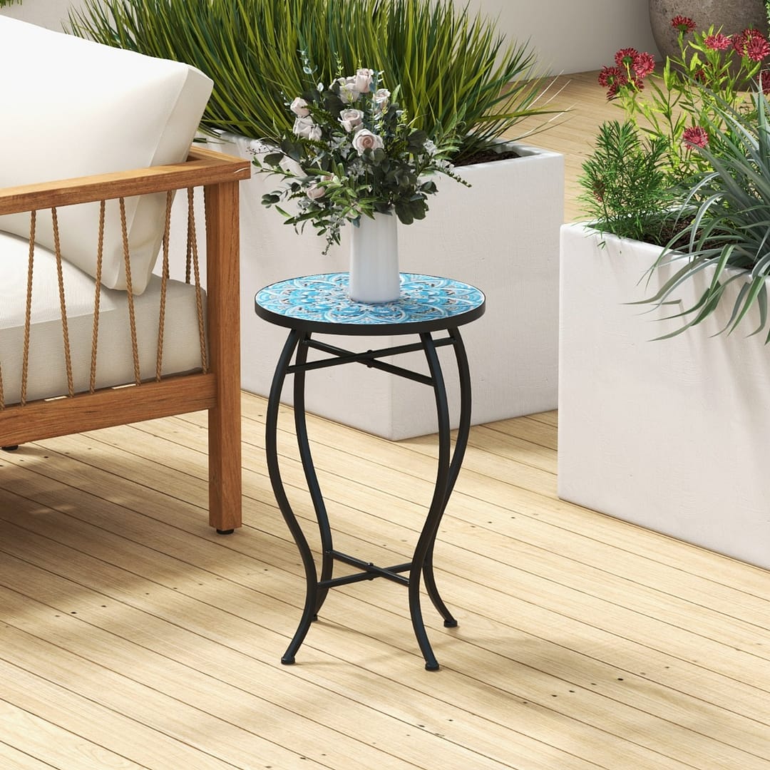 Costway Tavolino laterale per patio con mosaico decorativo, Tavolino rotondo da 35cm con piano in piastrelle di ceramica