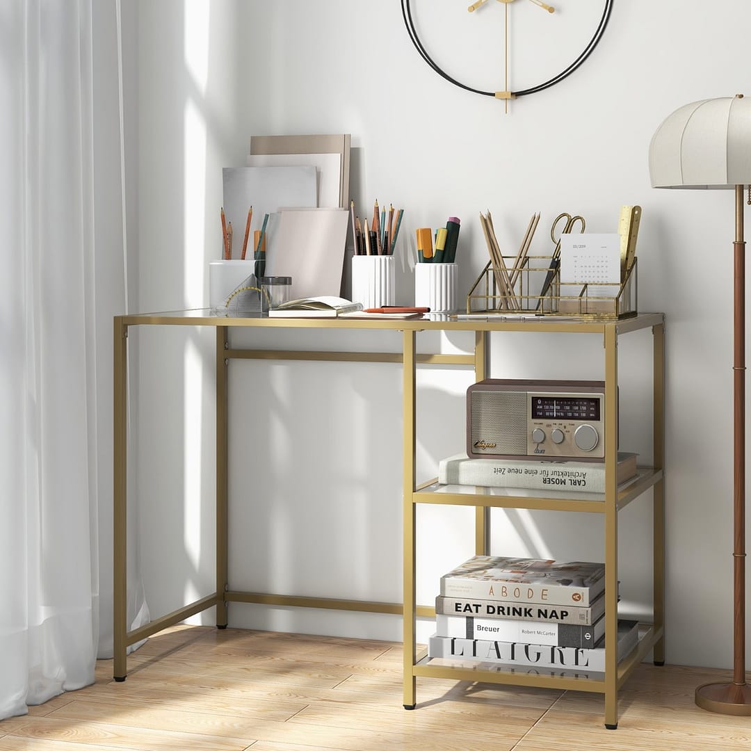 Costway Tavolo console moderno da 106cm, Tavolo d'ingresso in vetro temperato con 2 ripiani aperti e telaio in metallo Oro