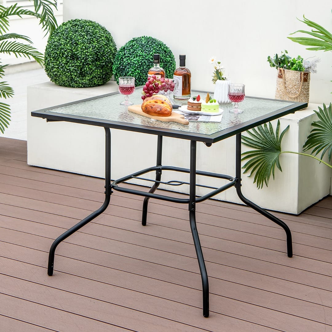 Costway Tavolo da pranzo per giardino con foro per ombrellone da 38mm piano in vetro temperato, Tavolo quadrato da esterno