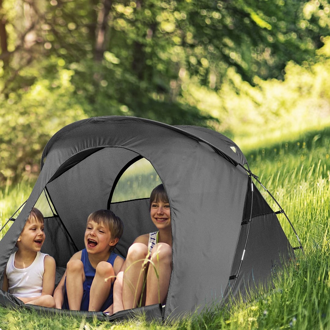 Costway Tenda da campeggio per 2 persone con copertura esterna impermeabile, Tenda da campeggio 4 in 1 con lettino Grigio