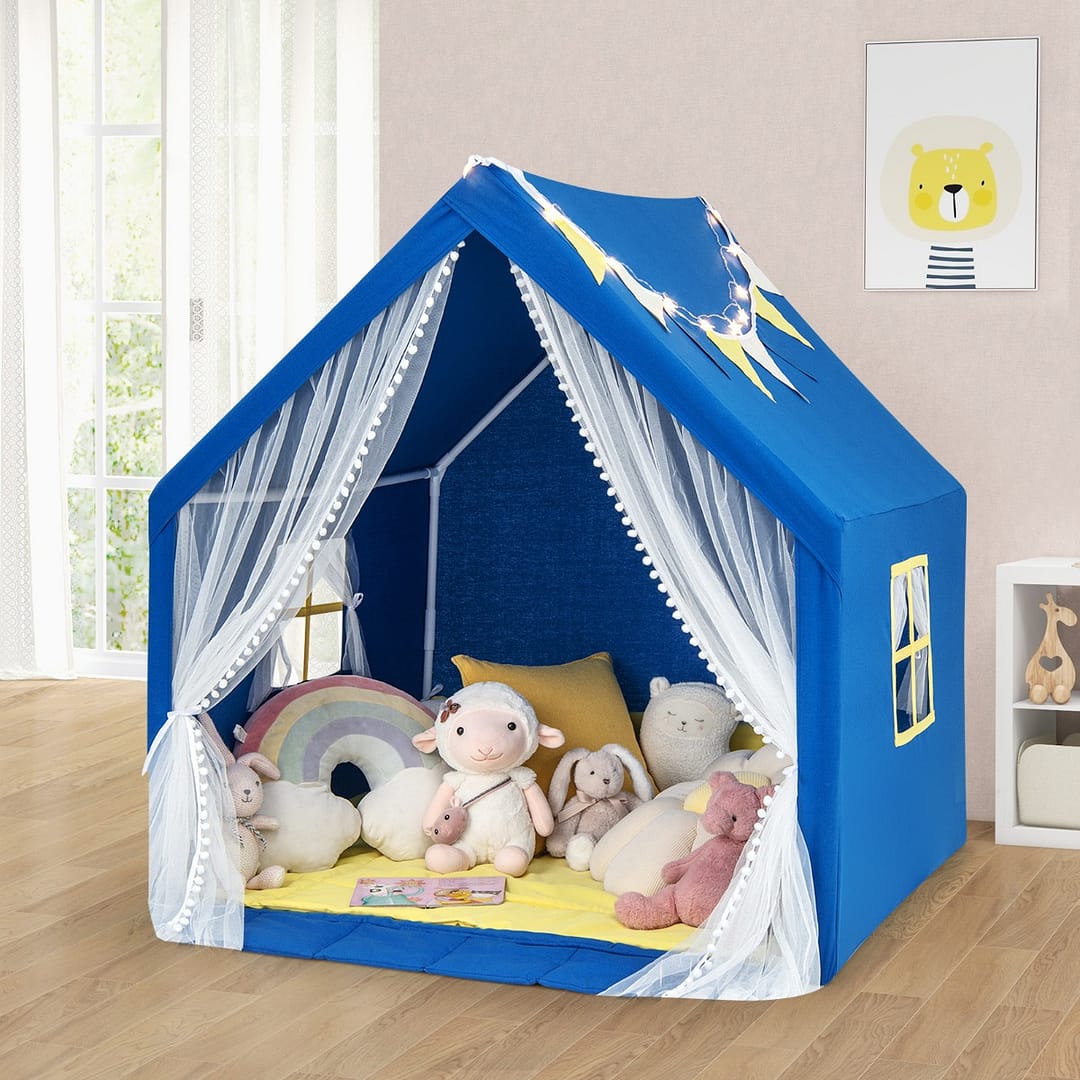 Costway Tenda da gioco per bambini con tappeto in cotone lavabile luci stellari finestre, Casa da gioco 122x105x125cm Blu