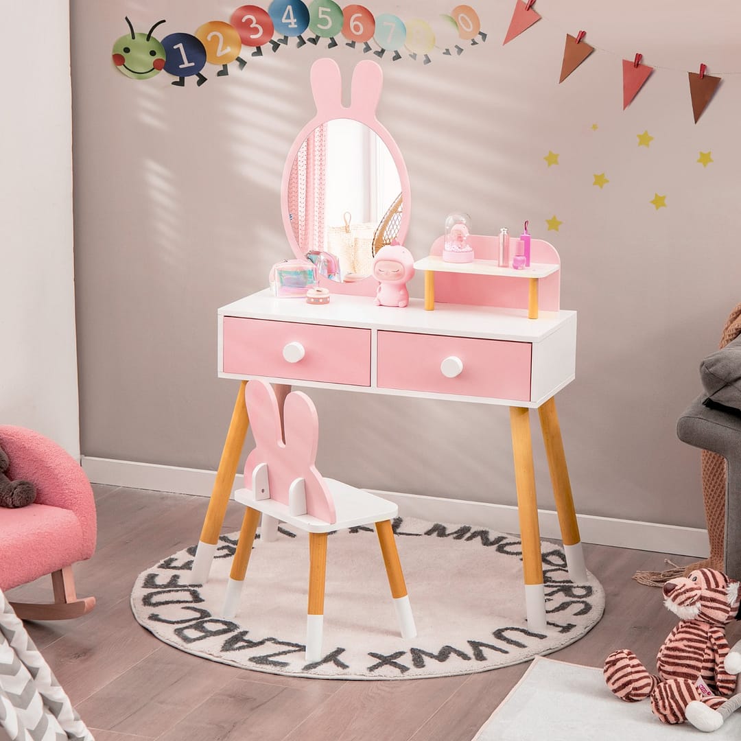 Costway Toeletta con specchio a forma di coniglio per bambini, Set tavolo e sedia toeletta con cassetti e sgabello Rosa