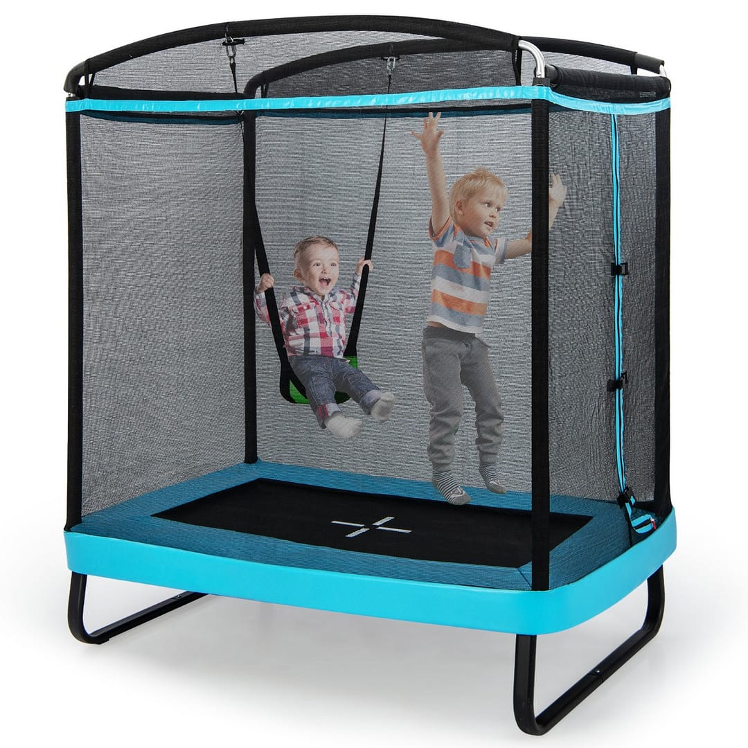 Costway Trampolino rettangolare per bambini con altalena rete di sicurezza, Trampolino elastico da esterno da 190cm Blu