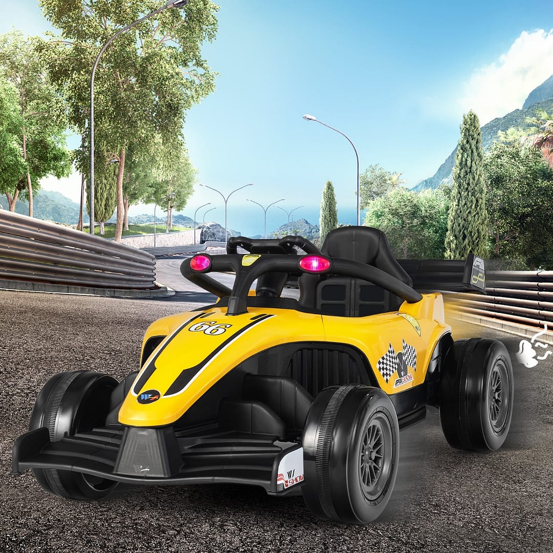 Costway Veicolo elettrico a batteria da 12 V per bambini, Camion da corsa con telecomando sospensioni a molla Giallo