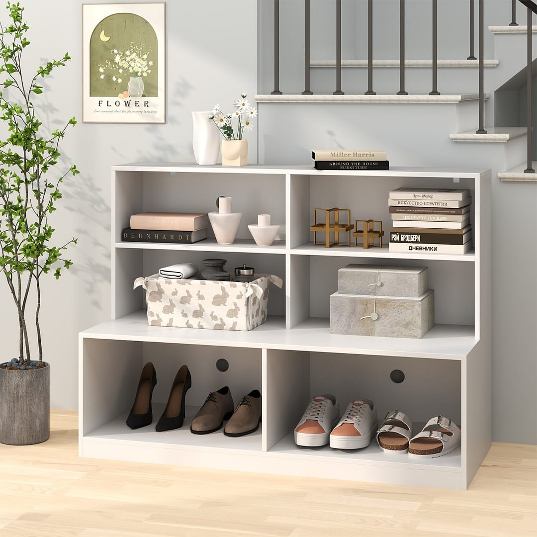 Costway Scarpiera da ingresso di armadio e panchina 2-in-1 per soggiorno, Scarpiera da ingresso con 6 cubi e 2 kit antiribaltamento Bianco