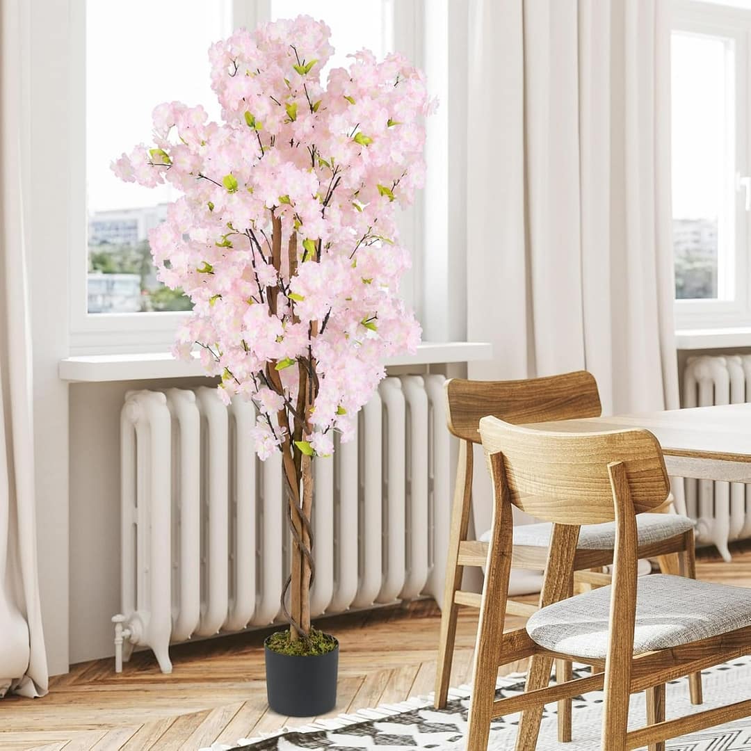Costway Albero di ciliegio artificiale da 150 cm, Pianta finta con fiori rosa in vaso da vivai 2 Confezione Rosa