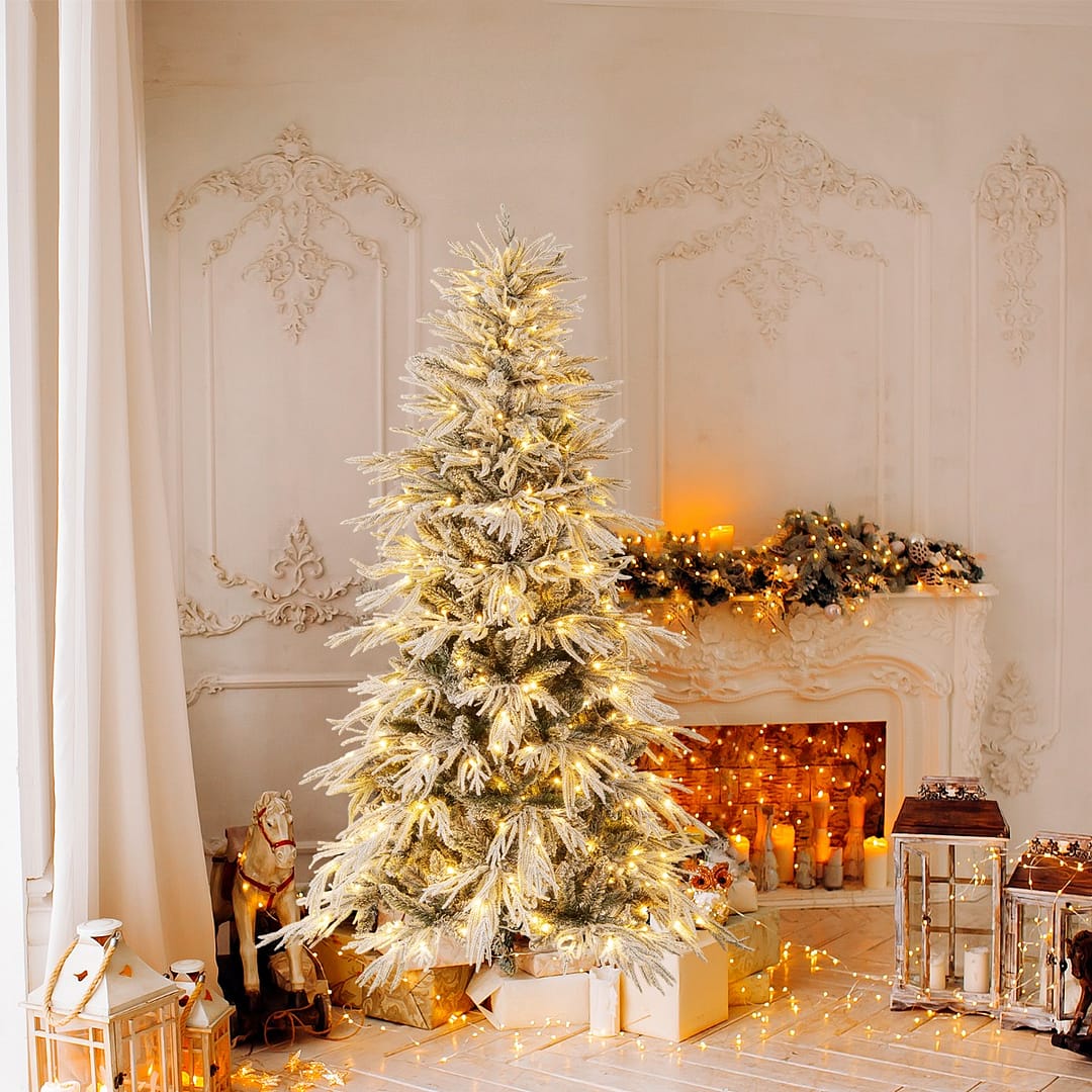 Costway Albero di natale decorazione natalizia pre-illuminata con 250 luci LED bianco caldo, Albero di natale artificiale innevato da 180 cm Verde