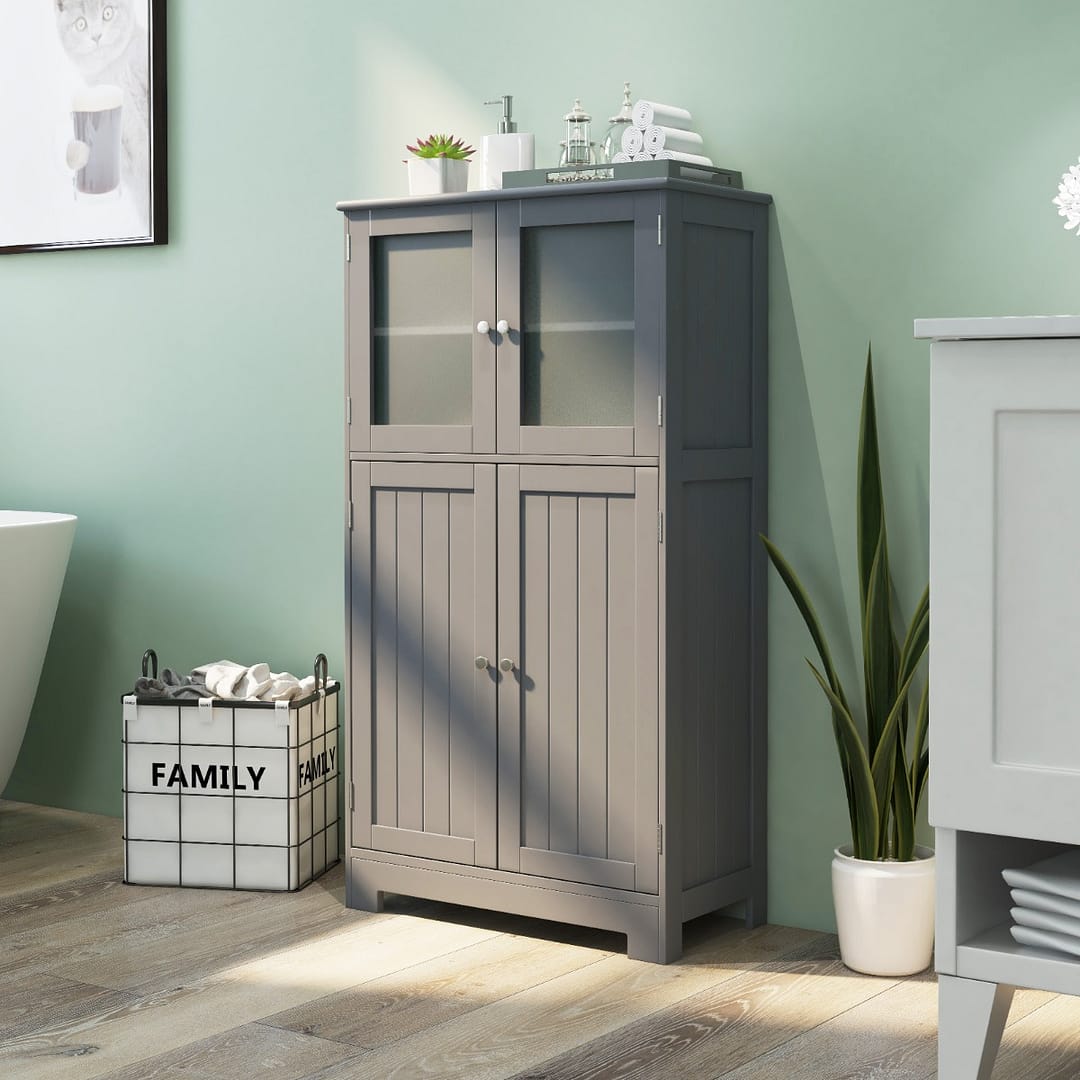 Costway Armadietto del bagno con ante di vetro e mensole regolabili, Organizer multiuso per corridoio salone bagno Grigio