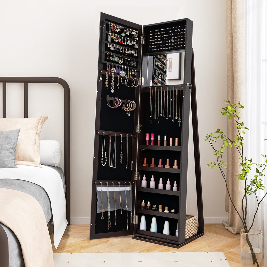 Costway Armadio portagioie 2 in 1 con 30 ganci per collane, Armadio porta gioielli con specchio interno Caffè