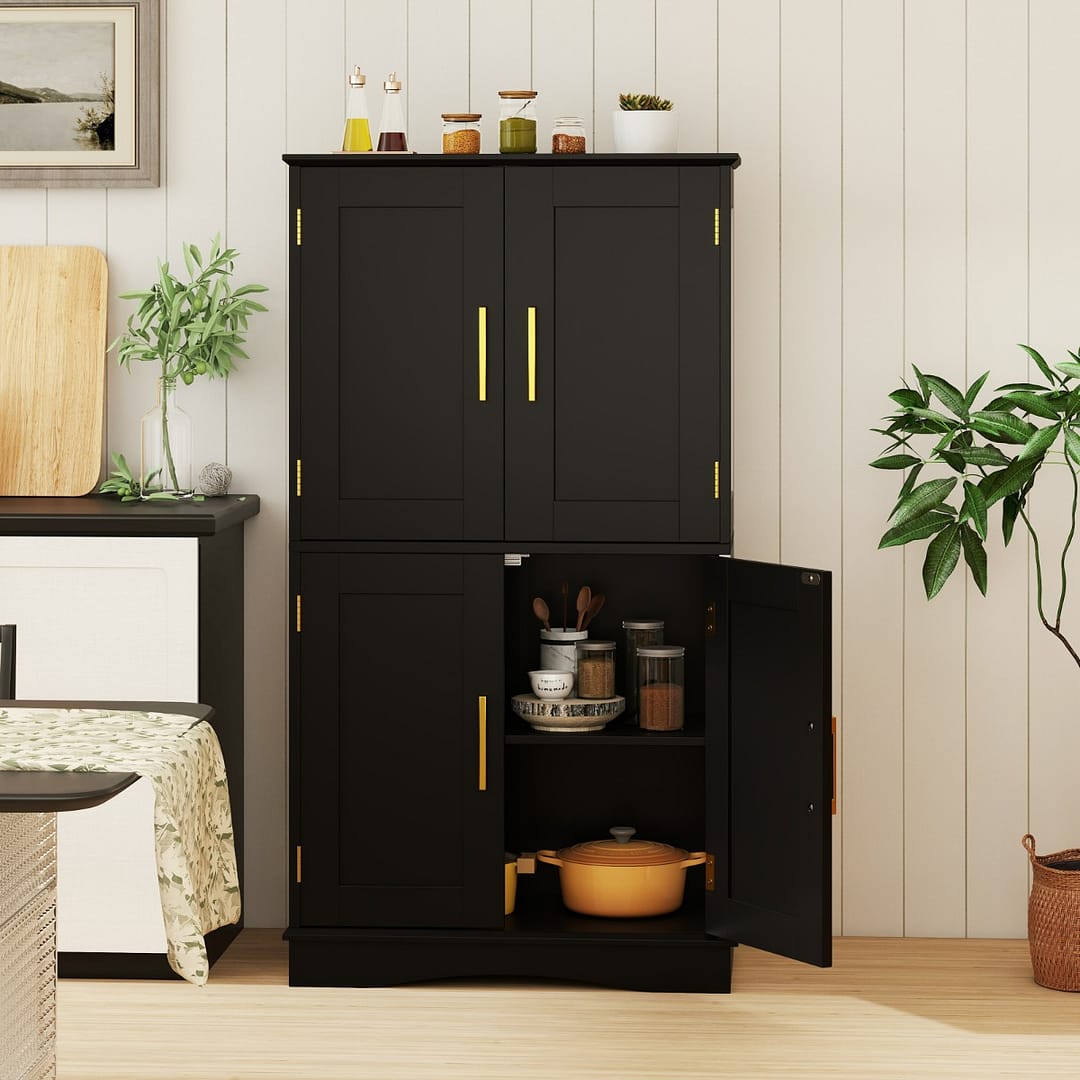 Costway Armadio portaoggetti da terra per bagno con 4 ante e 2 ripiani regolabili, Credenza per cucina e soggiorno Nero