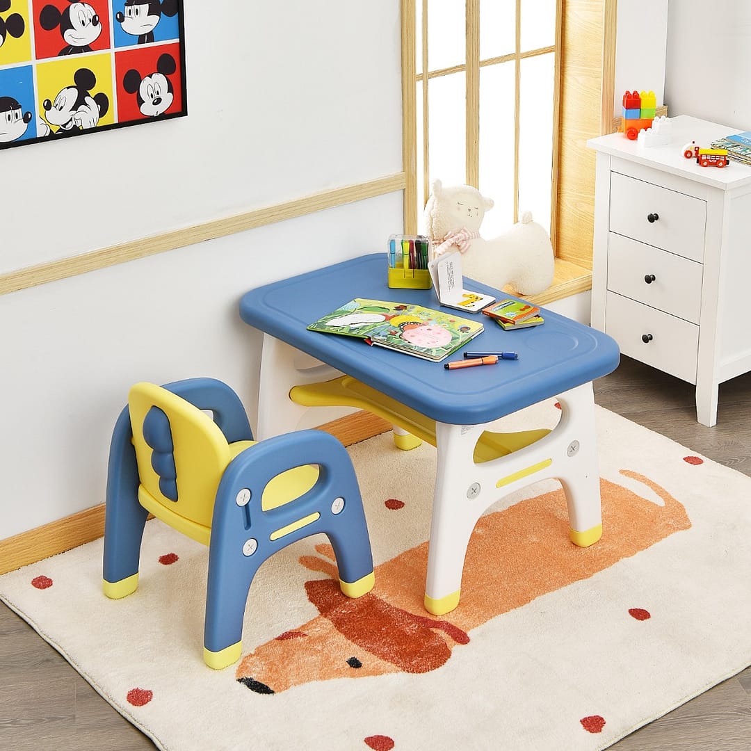 Costway Set tavolo e sedia per bambini con forma di dinosauro, Mobili di plastica con mensola e costruzioni Blu