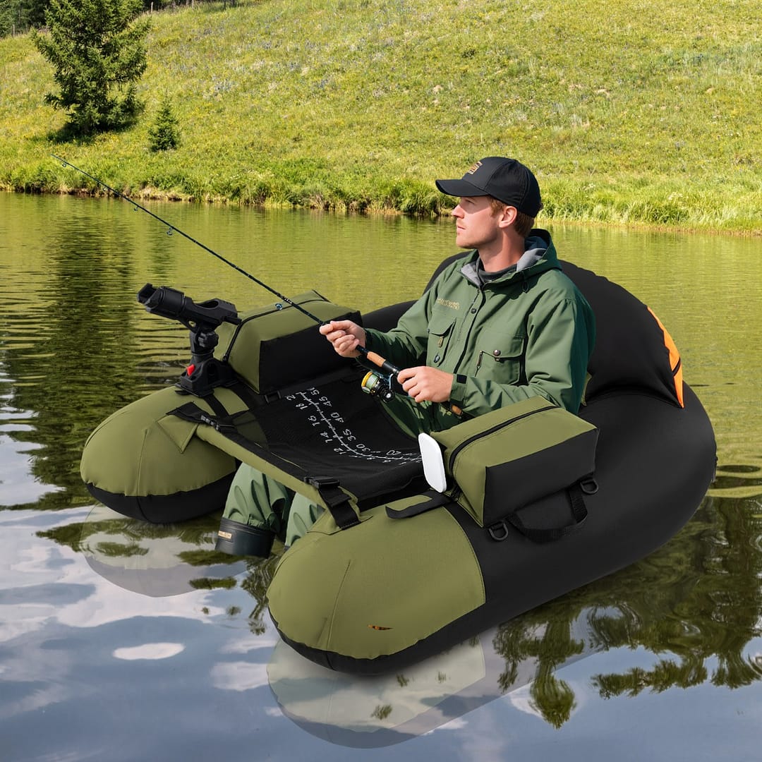 Costway Belly boat da fiume con portacanna regolabile supporto per ami, Ciambella gonfiabile da pesca pagaia in alluminio Verde