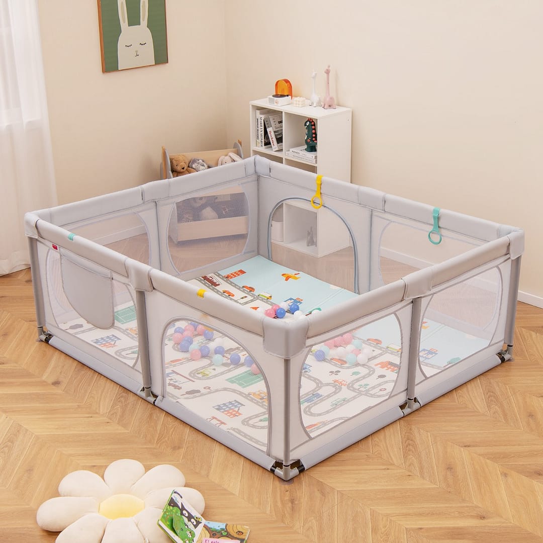 Costway Box per bambini con materassino 4 anelli e 50 palline colorate, Recinto per bambini grande 189x158cm Grigio chiaro