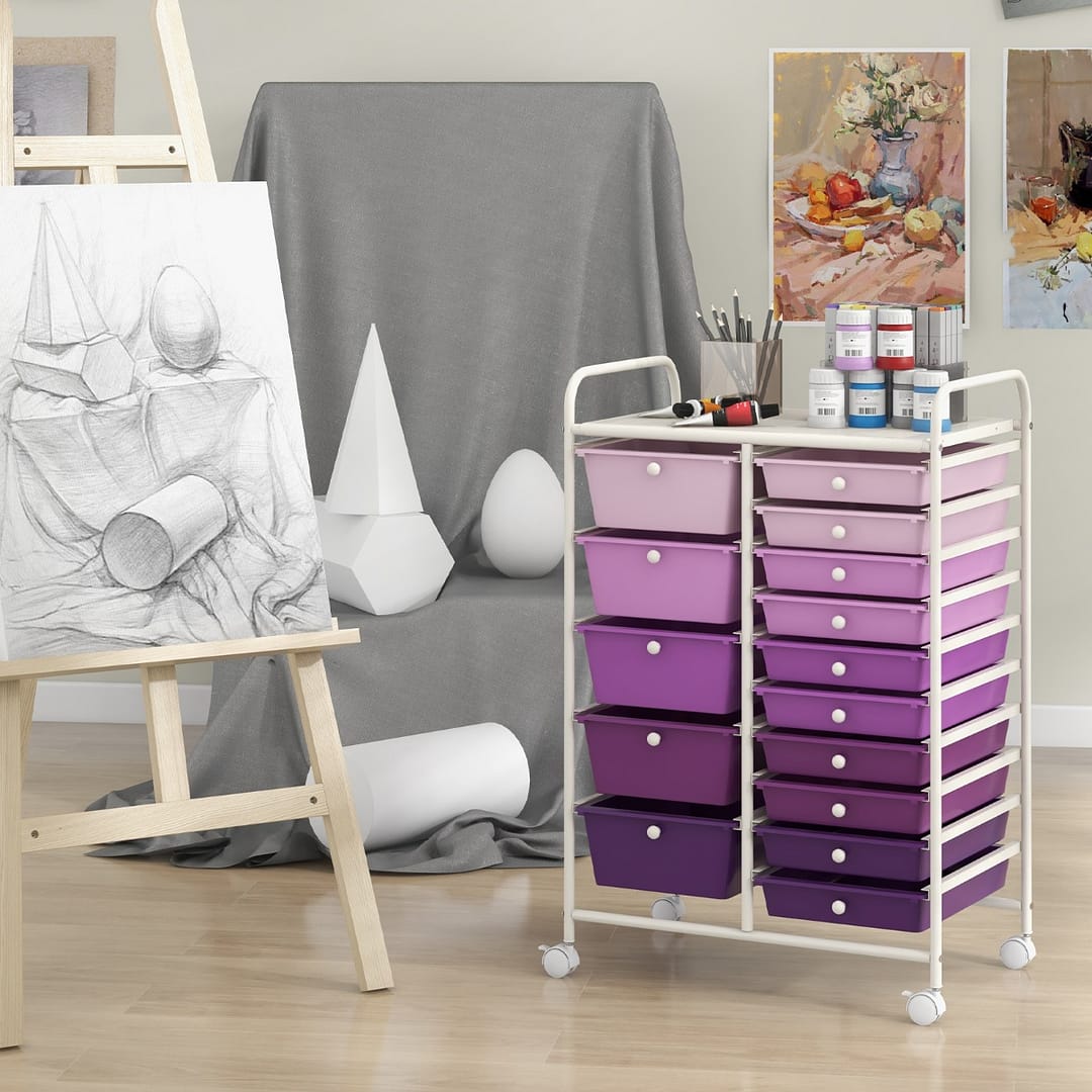 Costway Carrello a rotelle con 15 cassetti impilabili ,Carrello ausiliario con 15 cassetti 62,5 x 37 x 87 cm Viola