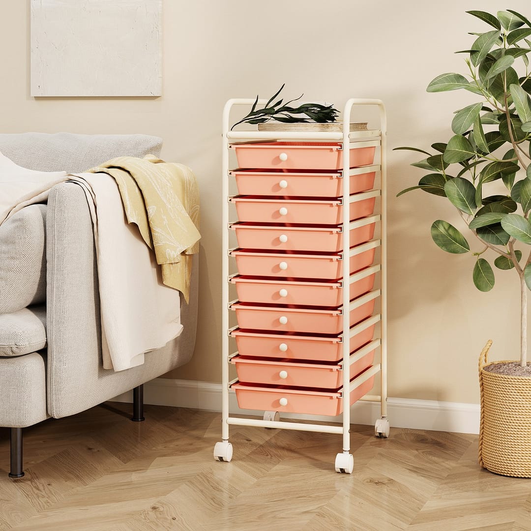 Costway Carrello cassettiera multiuso con 10 cassetti da cucina, Contenitore con ruote a 10 ripiani per bagno Oro rosa