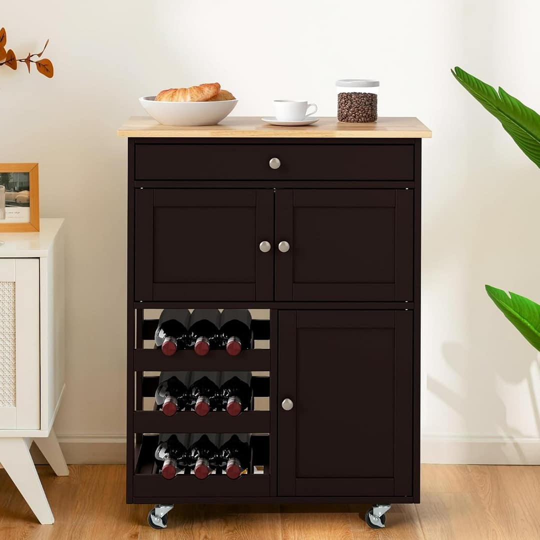 Costway Carrello da cucina con portabottiglie a 3 livelli e cassetto, Isola da cucina con superficie in legno Marrone