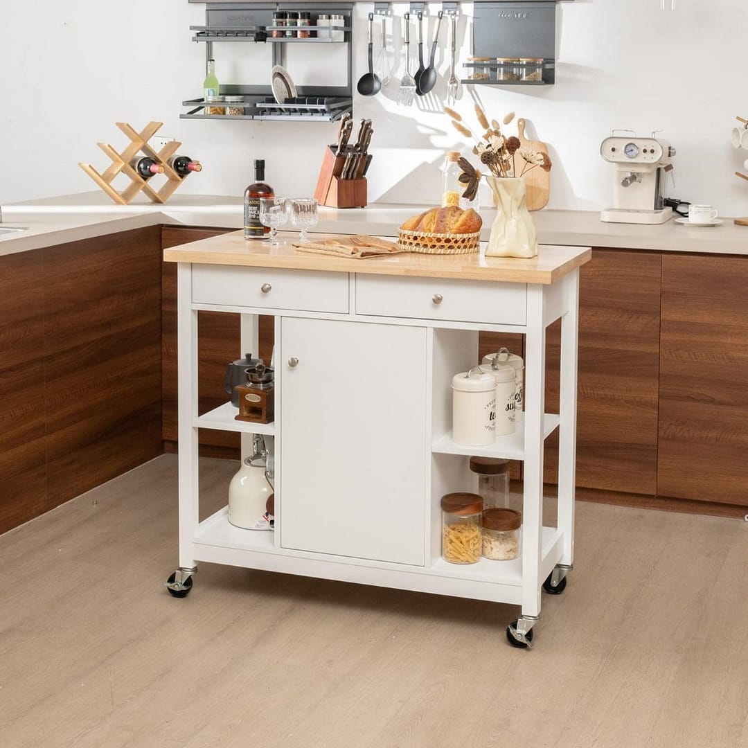 Costway Carrello da cucina mobile con piano in legno di gomma 4 ripiani aperti 2 cassetti profondi, Carrello da servizio Bianco
