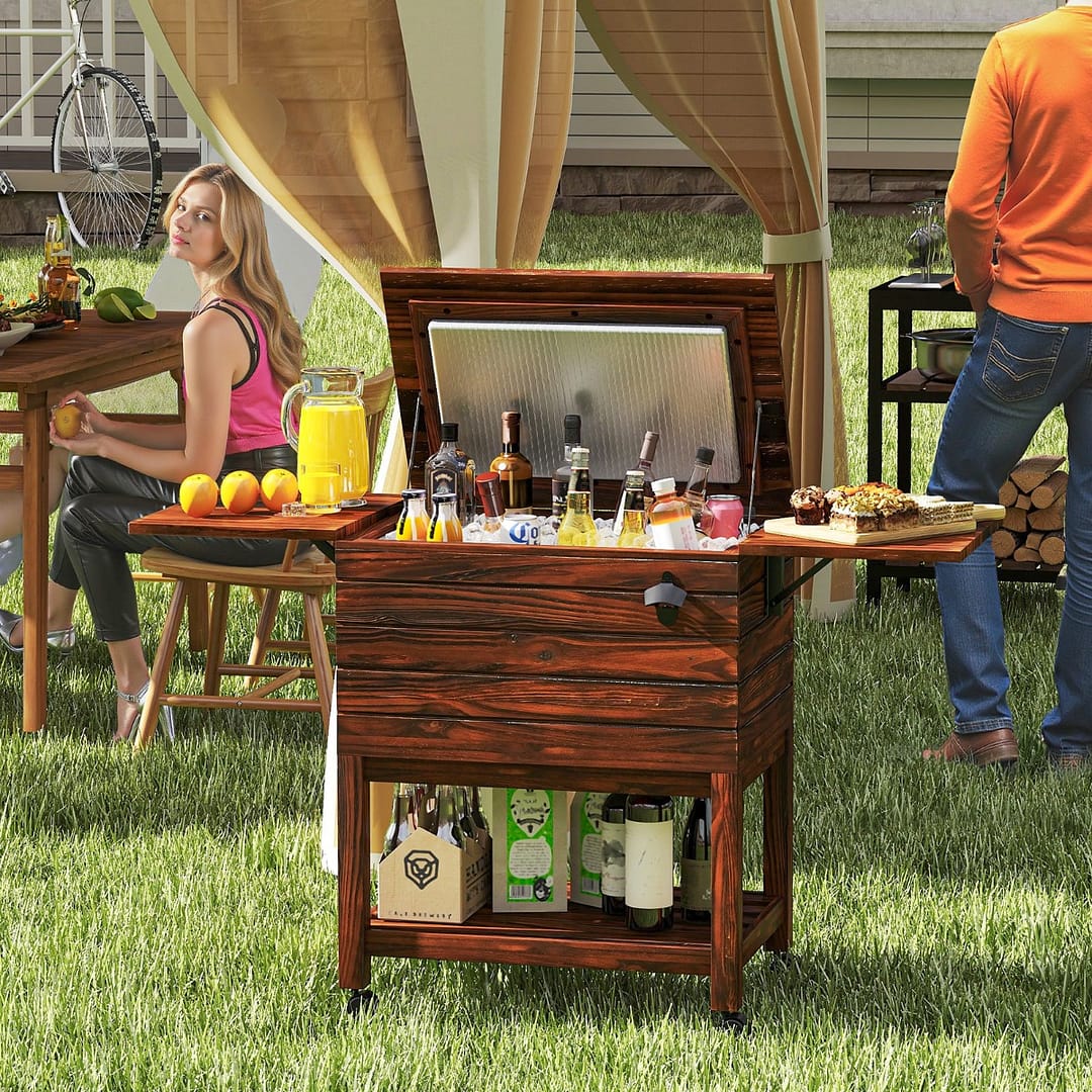 Costway Carrello frigo per bevande da 51 L con ripiani e apribottiglie da esterno per feste, Carrello portavivande da giardino in legno Marrone