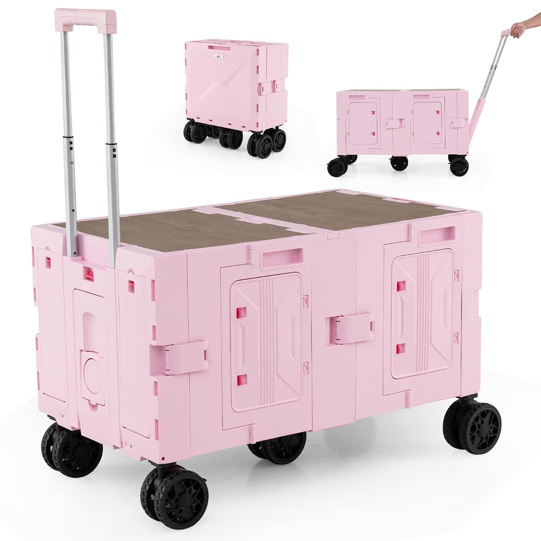 Costway Carrello utilitario pieghevole grande con armadio a 2 livelli 5 ruote rotanti, Carrello a rulli portatile per spesa manico telescopico in metallo Rosa