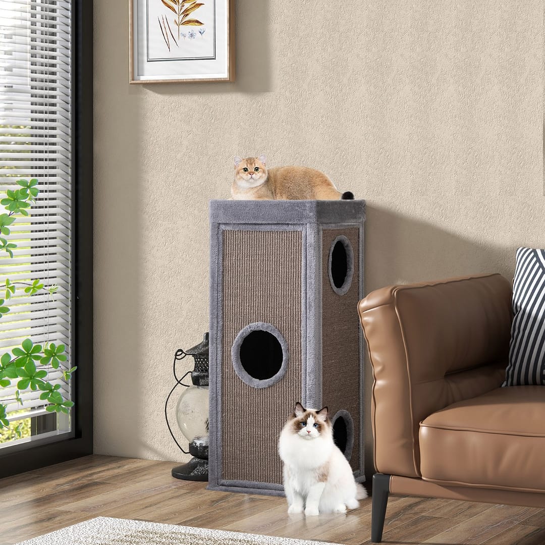Costway Condominio per gatti alto 99 cm con trespoli per graffiare 3 nascondigli 4 morbidi cuscini in peluche, Casa per gatti a 4 piani Grigio