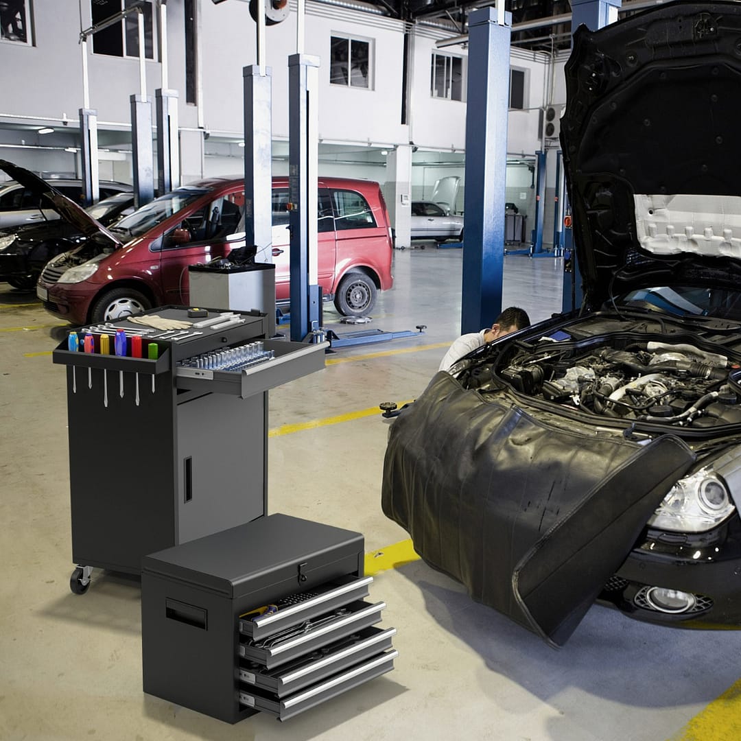 Costway Cassettiera portautensili a 5 cassetti, Armadio portautensili con ruote bloccabili ripiano regolabile Grigio e Nero