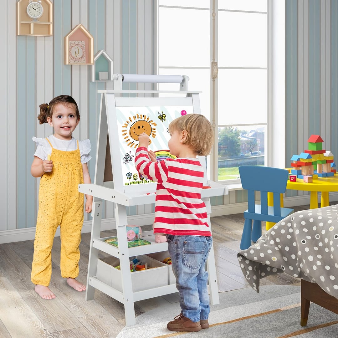 Costway Cavalletto double face 3 in 1per bambini, Treppiede con lavagna bianca e nera e rotolo di carta Beige