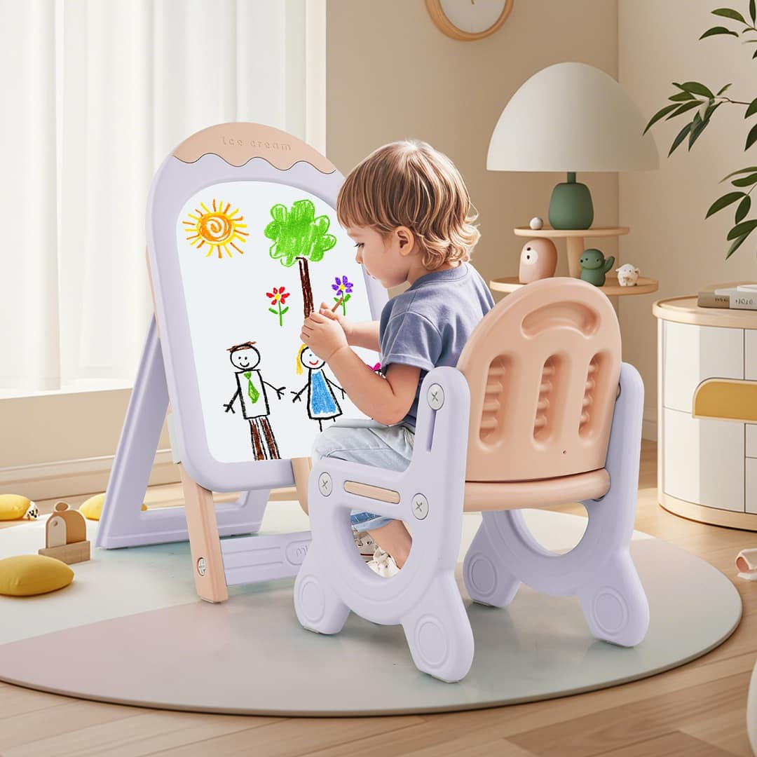 Costway Cavalletto regolabile e pieghevole con lavagna e scatola portaoggetti, Cavalletto da disegno per bambini con sedia Viola