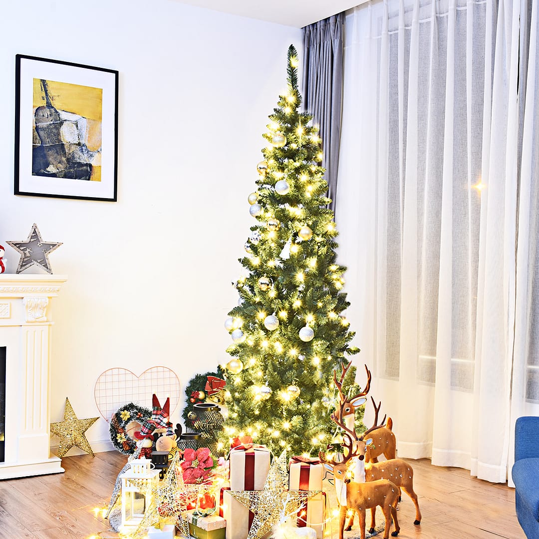 Costway Albero di Natale 225cm con 1085 rami, Abete artificiale illuminato con base solida di metallo e 150 luci LED