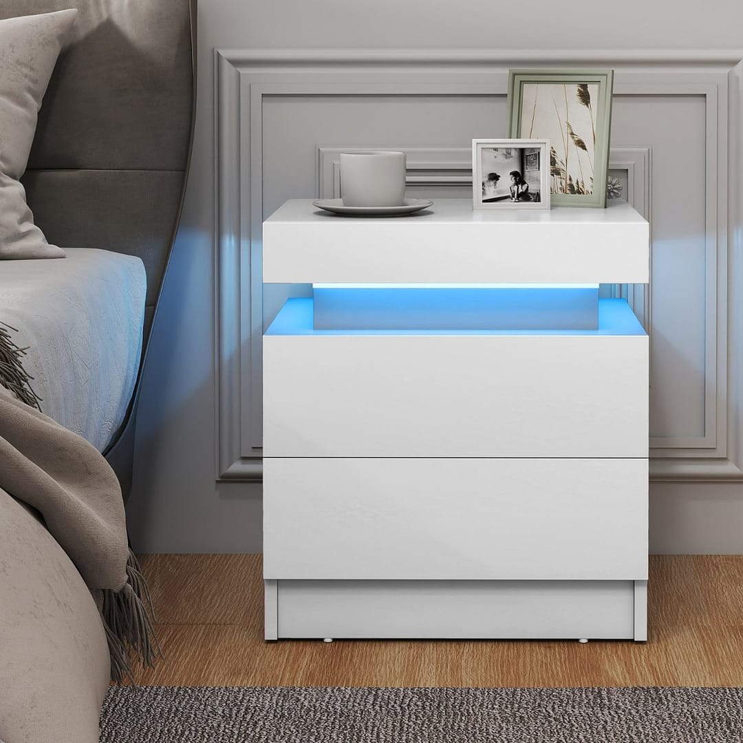 Costway Comodino con luci a LED 2 cassetti, Tavolino da divano moderno con finitura lucida effetto marmo 45x35x52cm Bianco