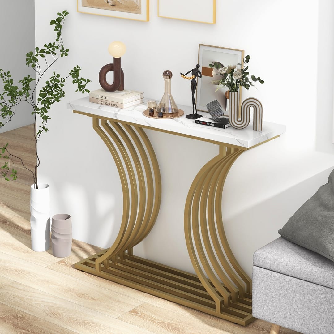 Costway Consolle con piano in finto marmo bianco, Tavolo d’ingresso stretto con gambe metalliche per soggiorno Oro