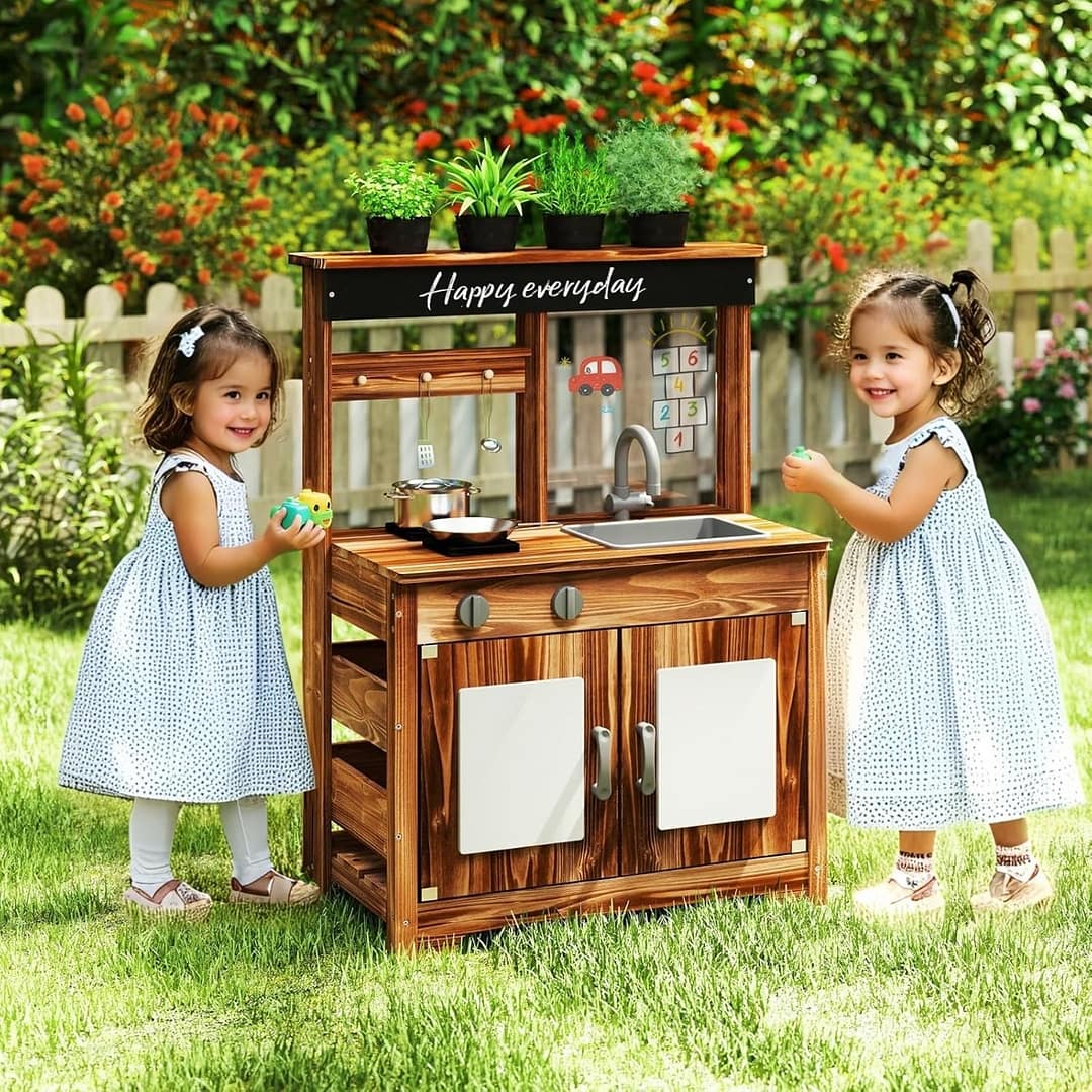Costway Cucina da giardino in legno di abete con 4 vasi da piante, Set da cucina giocattolo con lavandino e fornello per bambini Marrone