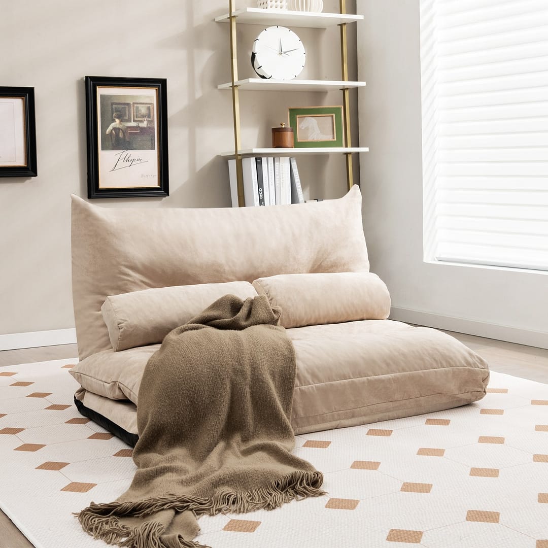 Costway Divano letto 2 posti regolabile con 2 cuscini, Divano da terra pieghevole con schienale regolabile Beige