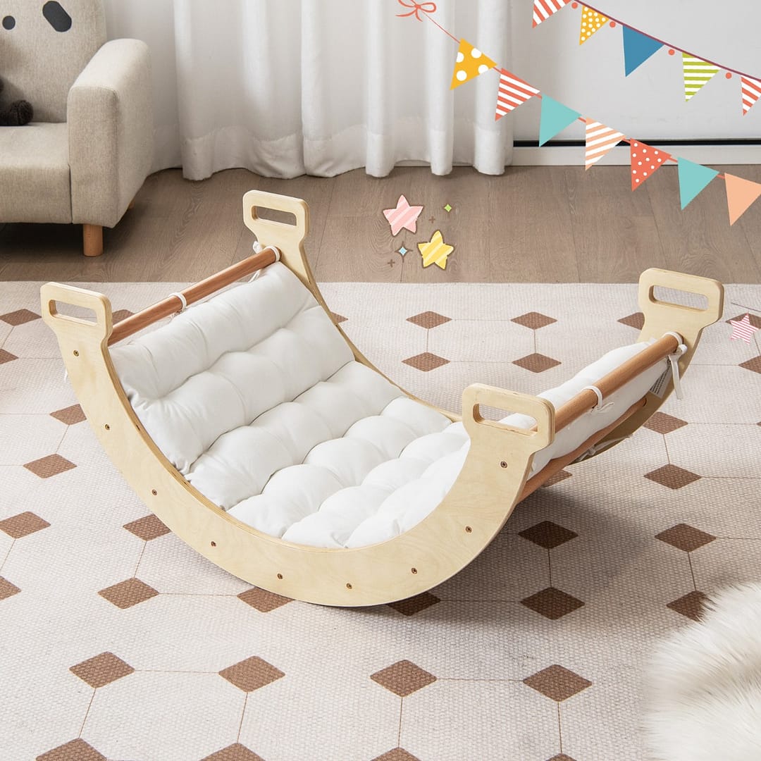 Costway Dondolo ad arco 2 in 1 con morbido cuscino, Arco di arrampicata a doppia faccia per bambini di 1+ anni Naturale