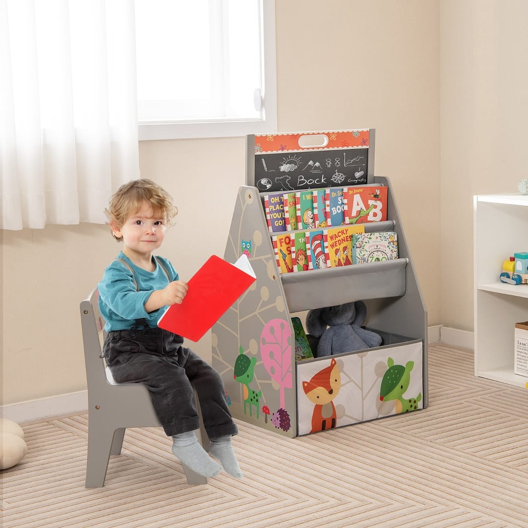 Costway Doppio lato cavalletto per bambini e stazione di gioco, Set tavolo e sedia con lavagna bianca e lavagna magnetica Grigio