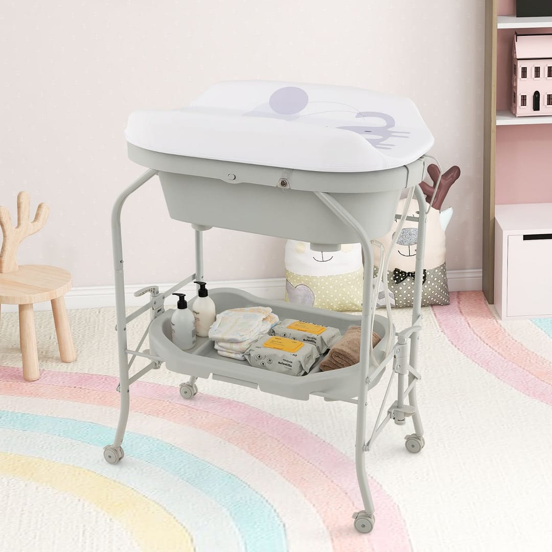 Costway Fasciatoio per bambini con mini vasca da bagno cuscinetto in PVC, Stazione di cambio pannolini per neonati Grigio chiaro