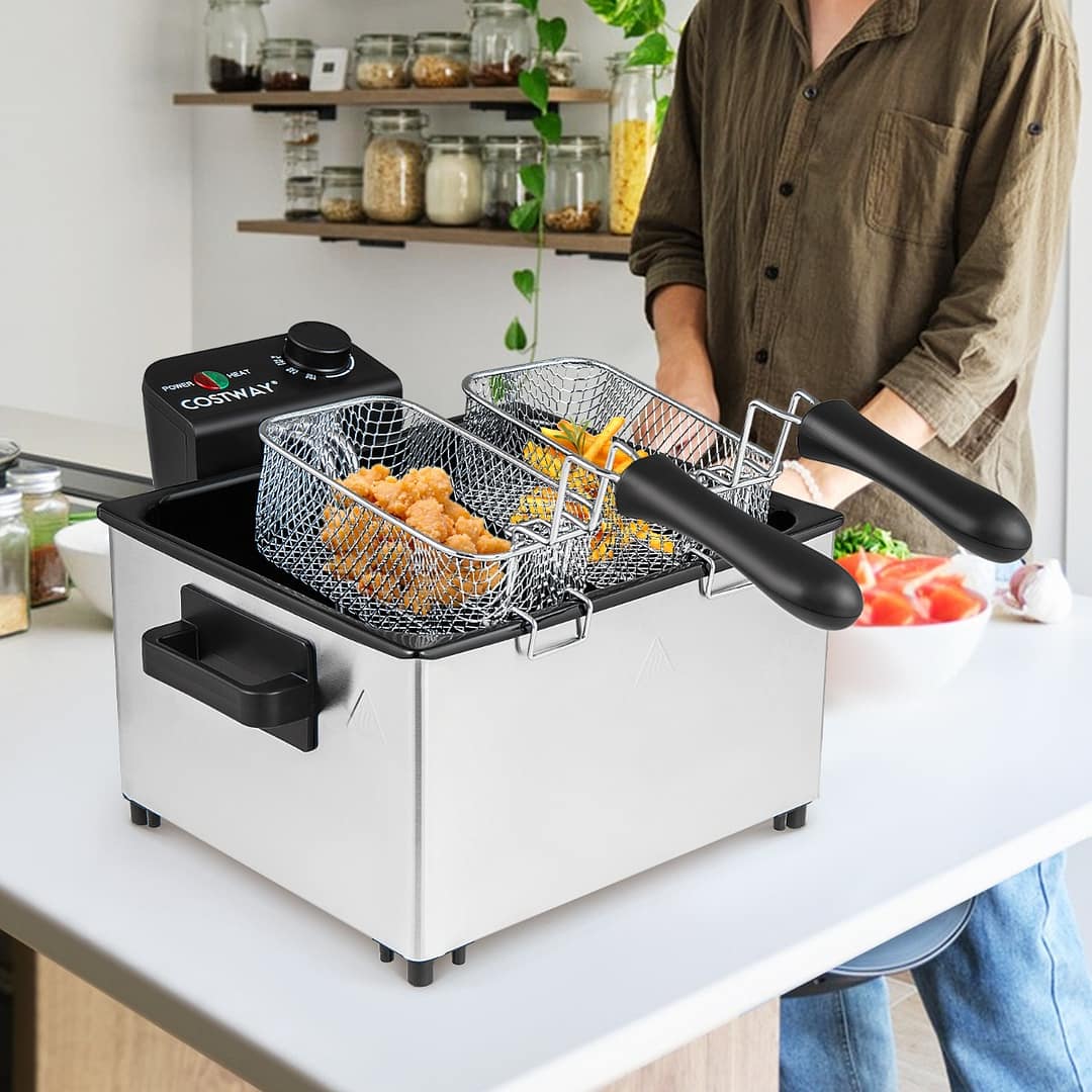 Costway Pentola per frittura in acciaio inossidabile con 3 cestelli con finestra di visualizzazione, Friggitrice elettrica 2000W per uso Argento