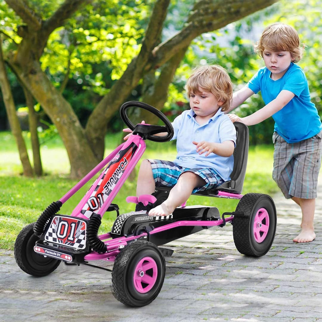 Costway Go Kart per bambini a pedali regolabile, Go kart con sedile in PP 98x59x61cm Rosa