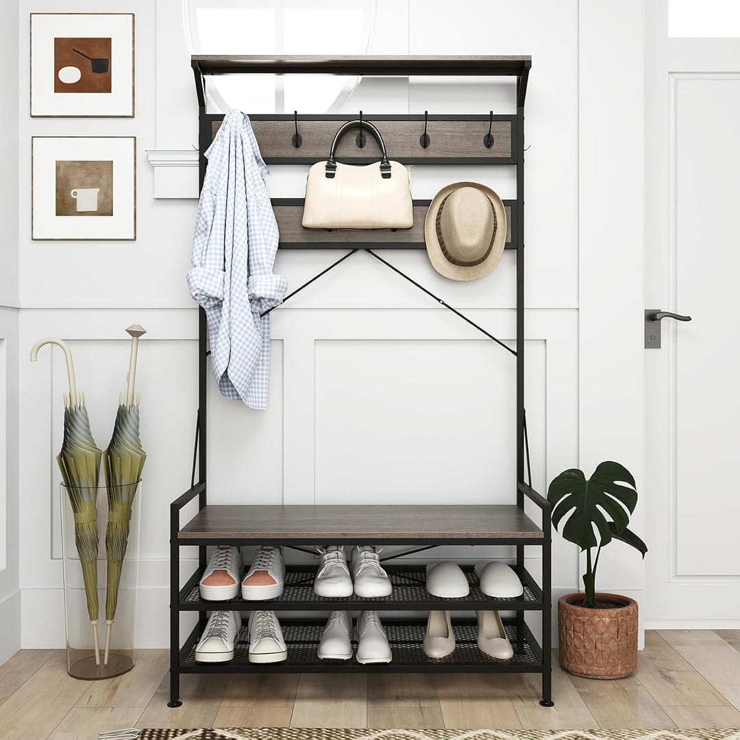 Costway Appendiabiti albero da ingresso 4-in-1 con 11 ganci, Panca per scarpe scarpiera a 2 ripiani Grigio