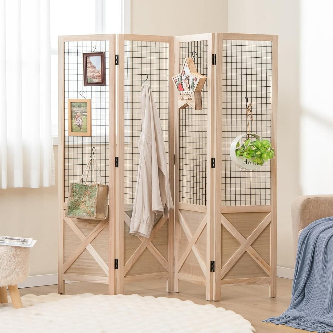 Costway Paravento a griglia 4 pannelli con schermo privacy pieghevole, Divisore decorativo in legno Naturale