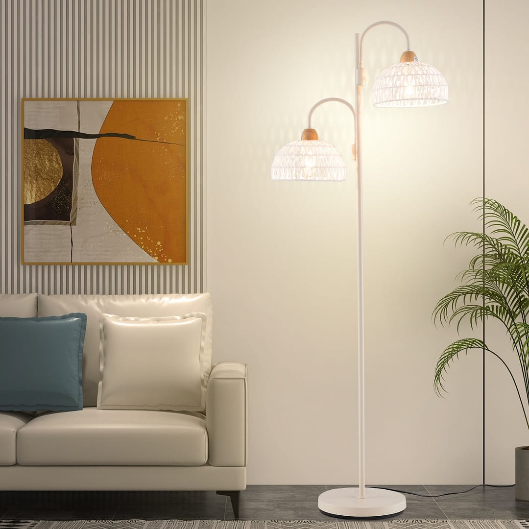 Costway Lampada da terra a 2 luci con interruttore a pedale paralumi intrecciati, Lampada ad albero rotante a 350° Bianco