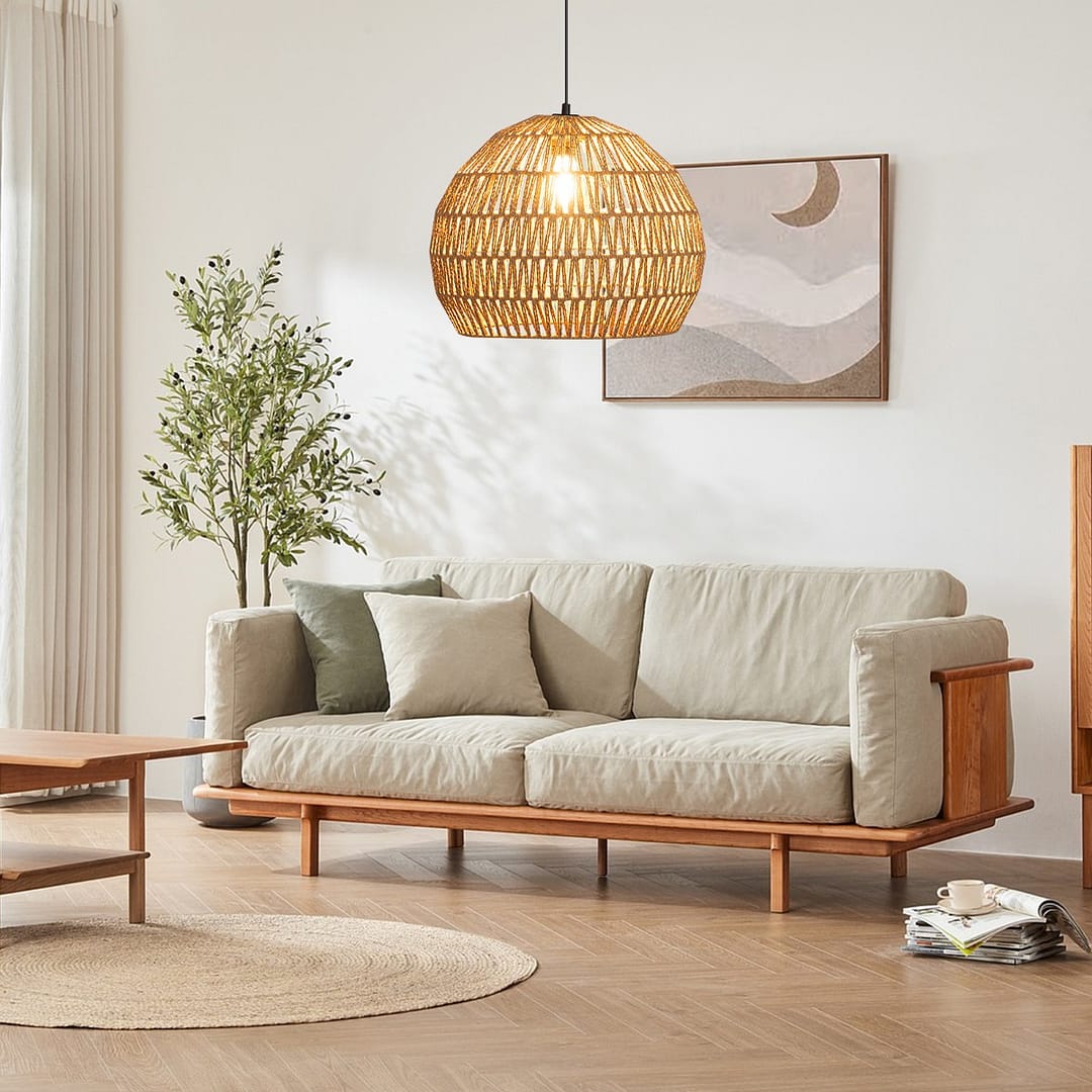 Costway Lampada a sospensione intrecciata in carta per cucina camera da letto, Lampadario boho con altezza regolabile Marrone