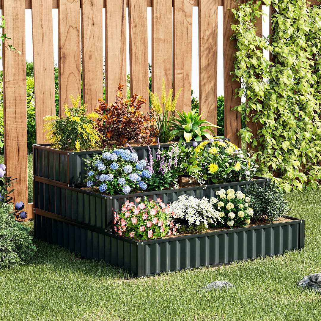 Costway Letto da giardino rialzato a 3 livelli in metallo pesante con base aperta, Scatola da giardino 118 x 118 x 61 cm Nero