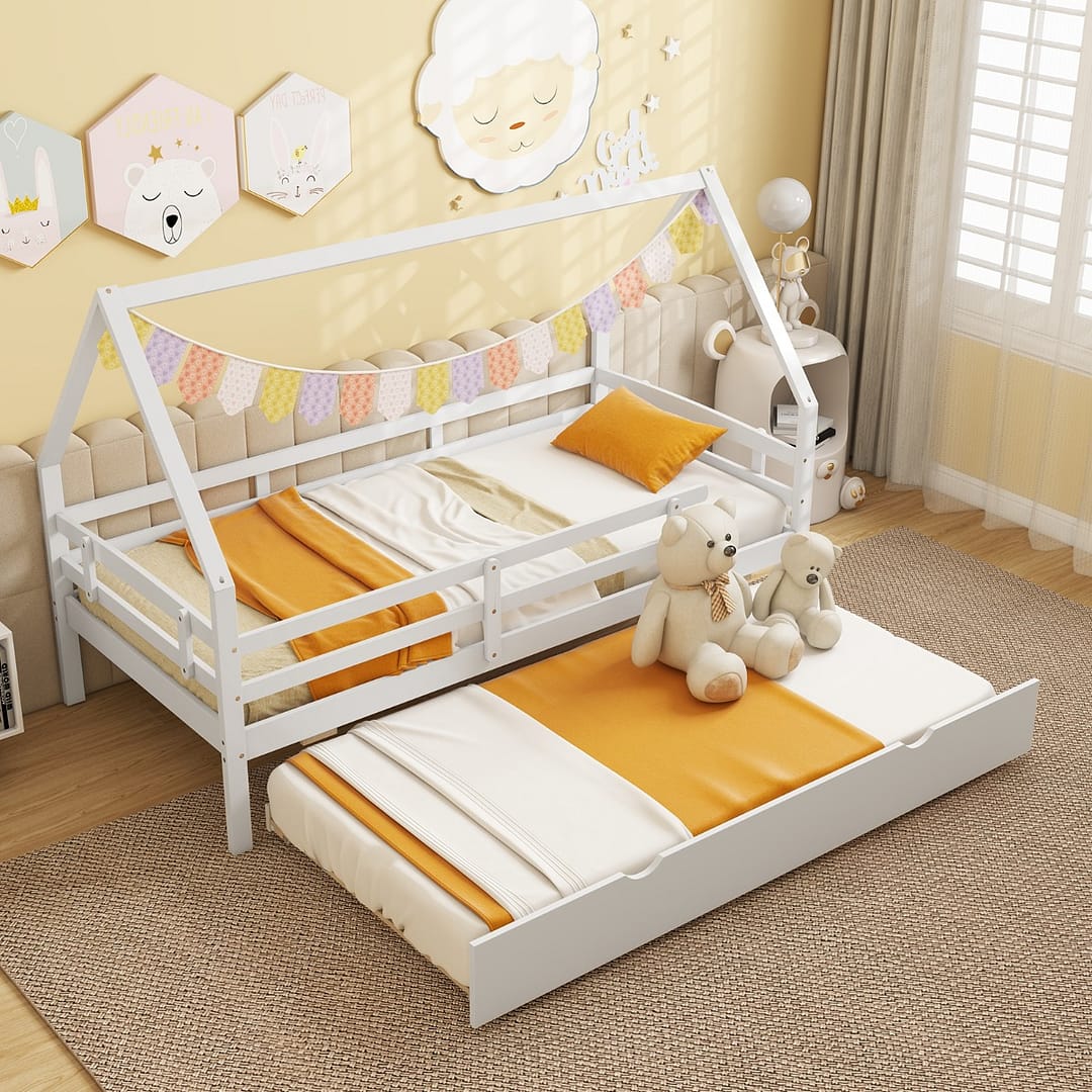Costway Letto per bambini a forma di casa con letto estraibile, Struttura in legno con tetto e sponde di sicurezza lunghe Bianco