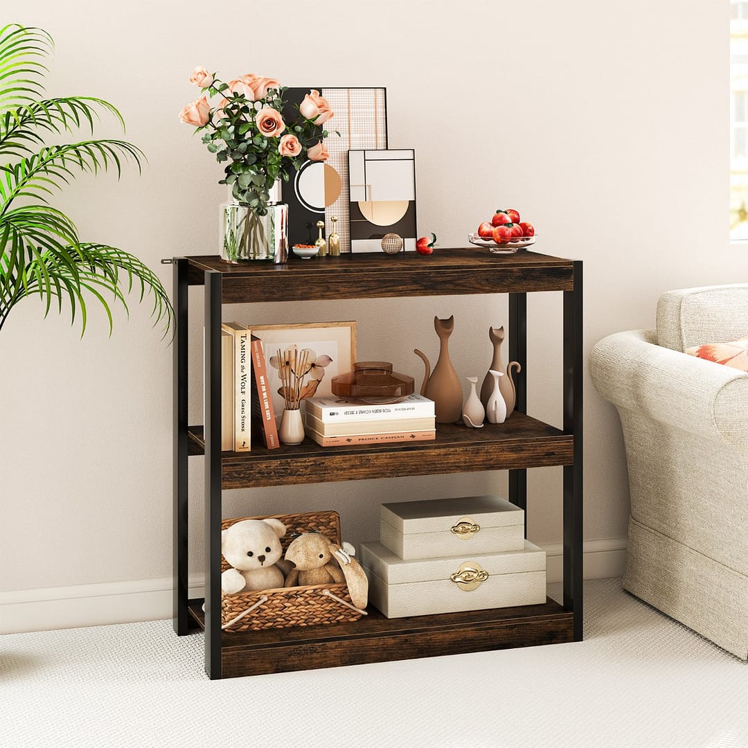 Costway Libreria a 3 ripiani con doppio kit anti-ribaltamento, Scaffale in legno per Soggiorno Marrone Rustico e Nero