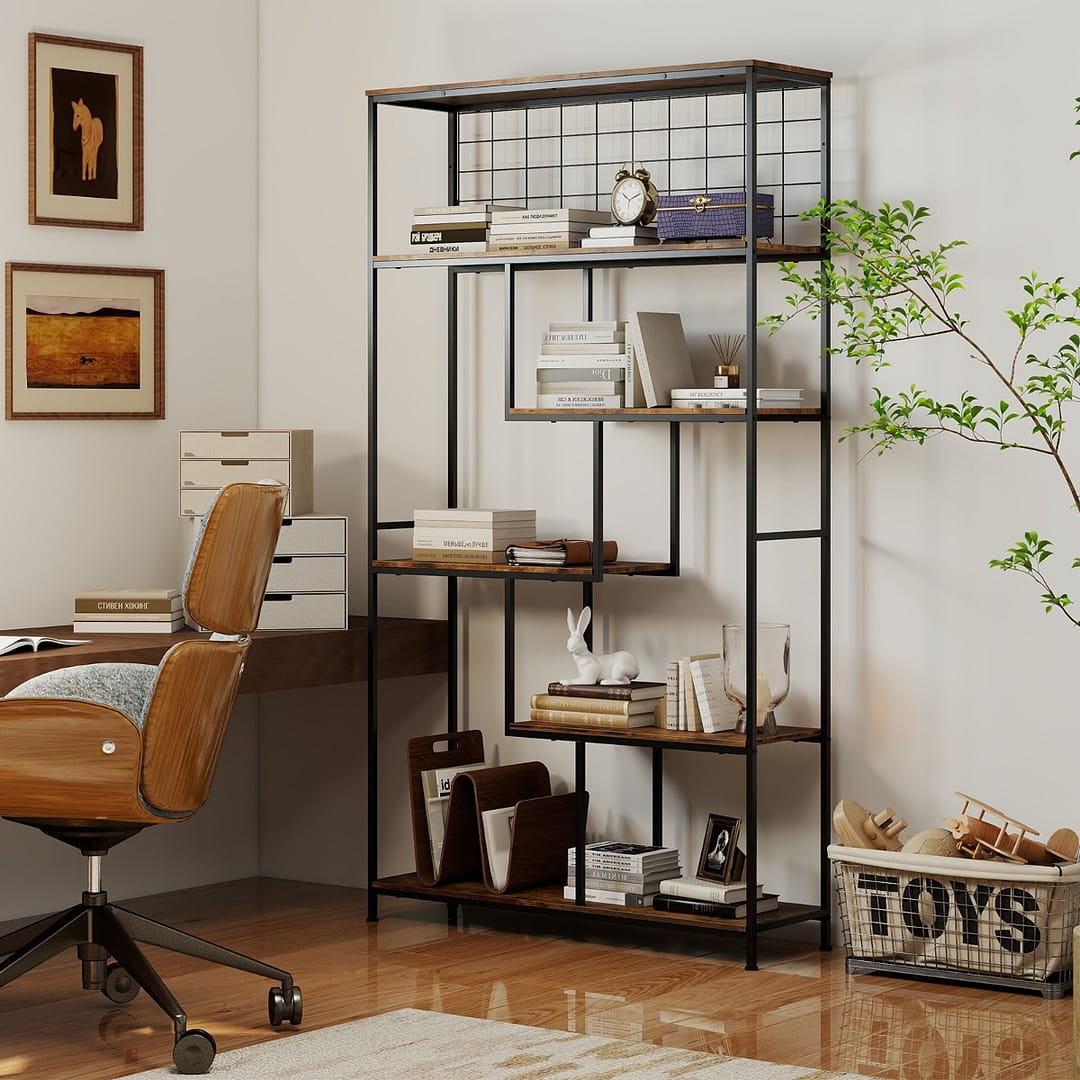 Costway Porta piante industriale autoportante con rete metallica per soggiorno, Libreria alta a 6 livelli geometrica da interno Marrone