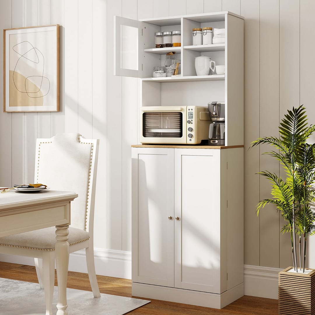 Costway Mobile alto 170 cm con ripiano per microonde 8 ripiani porta e 5 ripiani regolabili, Armadio dispensa da cucina per soggiorno Bianco