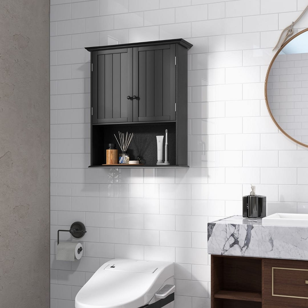 Costway Mobile sospeso da bagno a parete con ante e ripiani, Mobile in legno per cucina camera da letto Nero