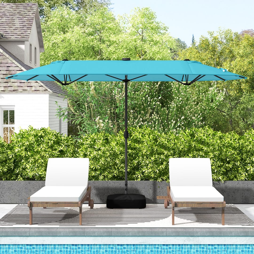 Costway Ombrellone doppio da giardino con luci solari 4x2m, Ombrellone rettangolare grande con manovella base Azzurro