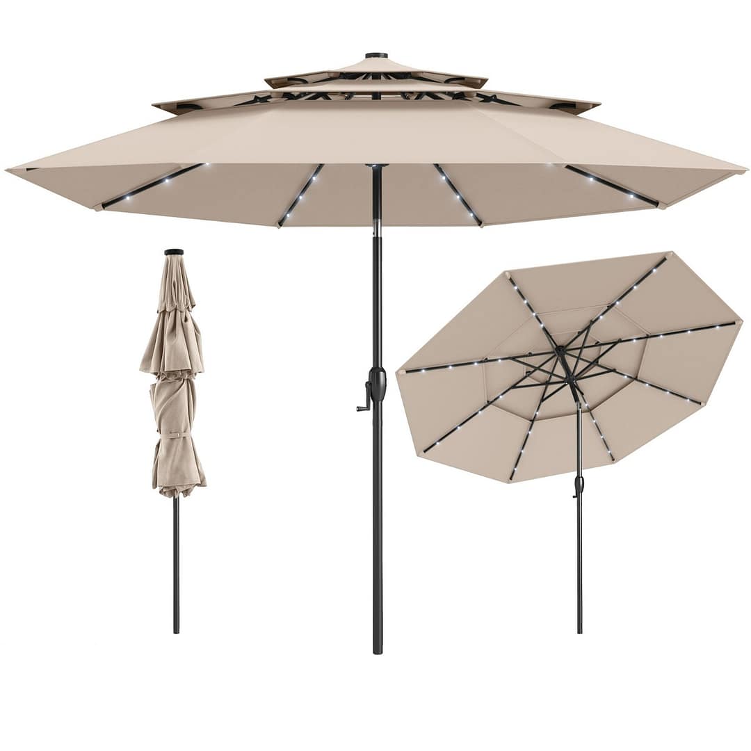 Costway Ombrellone da patio solare 313 cm con tetto ventilato a 3 piani, Tenda parasole per tavolo da giardino Beige